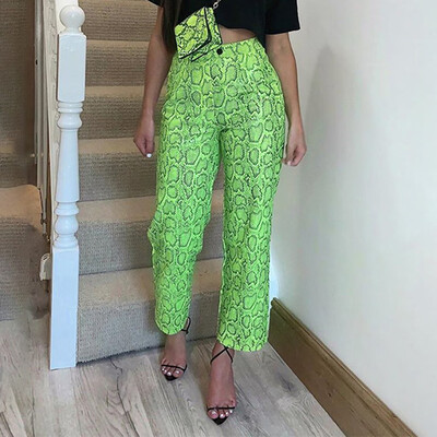 

Women Serpentine Print Wide Leg Pants High Waist Straight Casual Long Pants