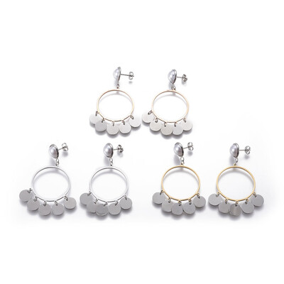 

304 Stainless Steel Dangle Stud Earrings with Acrylic Imitation Pearl Beads Flat Round Mixed Color 63mm Pin 08mm