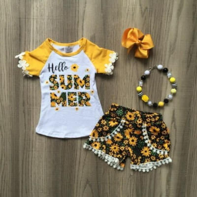 

Toddler Kids Baby Girl Sunflower Clothes Lace Tops T-Shirt Shorts Summer Outfits