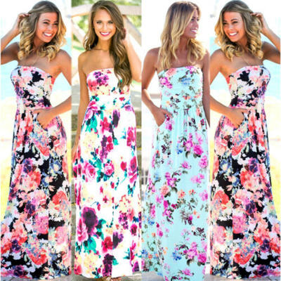 

Women Beach Maxi Dress Boho Long Evening Party Cocktail Floral Summer Tube Dress