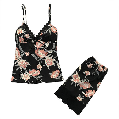 

Toponeto Women Sexy Satin Fashion Print Lace Bow Pajamas Sleepwear Set With Chest Pad