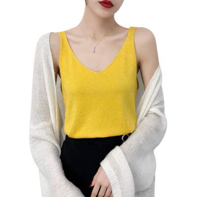 

Women Summer Sexy Round Neck Sleeveless Slim Solid Color Camisole T-Shirt Short Knit Vest