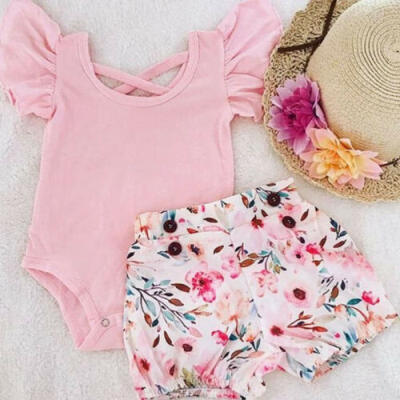 

US Toddler Kids Baby Girl Infant Clothes Romper Tops Flower Print Pants Outfits