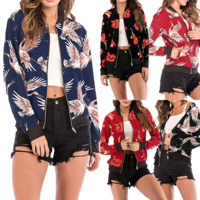 

Fashion Womens Retro Floral Zipper Bomber Jacket Clothes Casual Coat Outwear