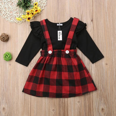 

New Fashion Christmas Princess Kids Baby Girls 2PCS Outfits Clothes Tops T shirt Plaid Overalls Skirts Party Dress Set