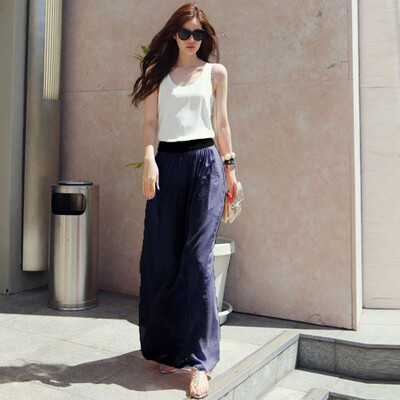 

Roseonmyhand Women Casual Solid Stretch High Waist Skirt Plain Flared Pleated Long Skirt