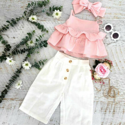 

3PCS Kid Baby Girl Ruffle Crop Tops Pants Trousers Outfit Clothes Summer 1-6Y US