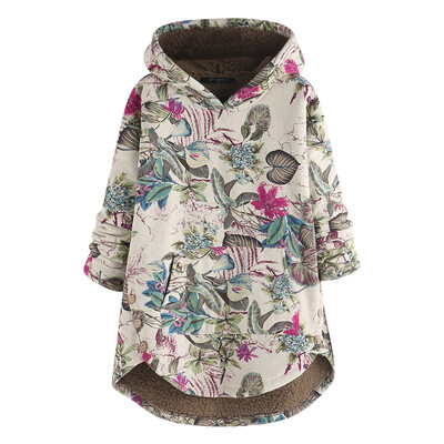 

Toponeto Plus Size Women Winter Warm Printed Pockets Thicker Zipper Hooded Coat Outwear