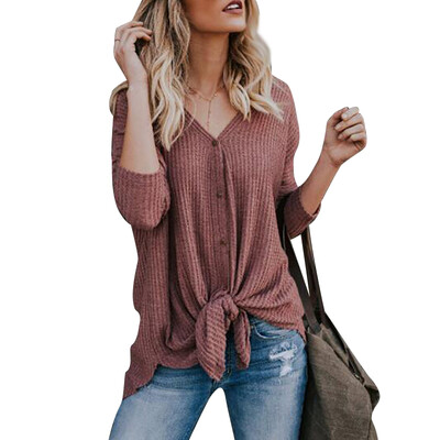 

Autumn Women Simple Solid Color Warm Long Sleeve Cute Button Irregular Loose V Collar Sweater