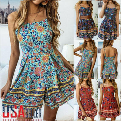 

US Women Sexy Boho Playsuit Jumpsuit Rompers Beach Casual Mini Shorts Dress