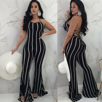 

Summer Womens Stripe Jumpsuit Bodysuit Evening Party Romper Ladies Long Trousers