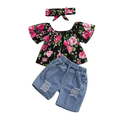 

Toddler Kids Baby Girl Floral Off-Shoulder TopsShorts Headband Outfit Summer