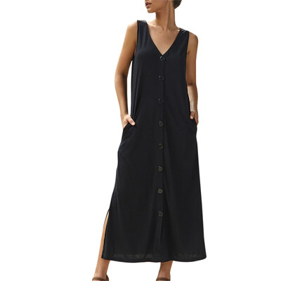 

Fashion Personality Solid Color Single-breasted Jumpsuit Skirt Skirt Split Long Vest Dress