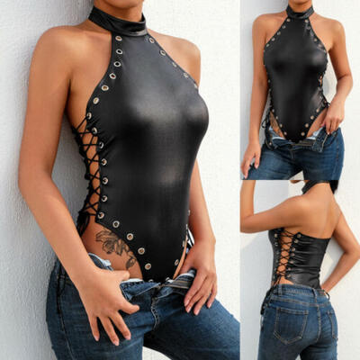 

Sexy lingerie Women PU Leather Bodycon Sleepwear Bodysuit Jumpsuit Romper Top