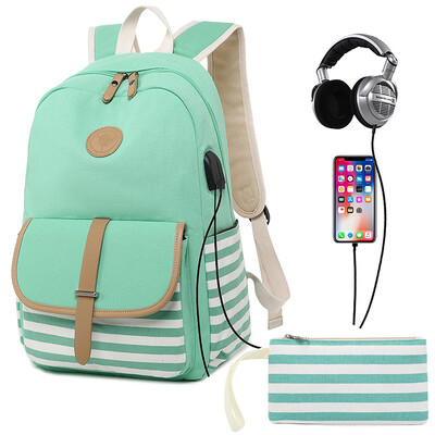 

2pcsSet Large Women Backpacks Female School Bag For Teenage Girls Blue Canvas Women Backpack USB Charge Shoulder Bag Rucksack