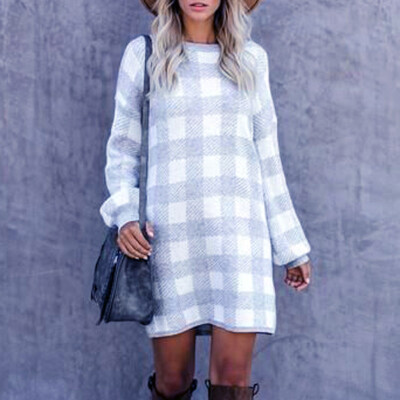 

Tailored Womens Mini Dress Round Neck Casual Popular Elegant Long Sleeve Plaid Dress