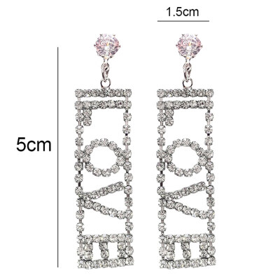 

Fashion LOVE Letter Rhinestone Inlaid Long Dangle Women Statement Stud Earrings