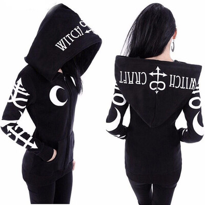 

Roseonmyhand Women Loose Gothic Punk Long Sleeve Hooded Print Black Cardigan Jacket Coat