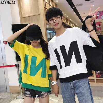 

Korean Style Letter Print Fake Two Pieces Half Sleeve Couple T-Shirt O-Neck Color Block Loose T-Shirts