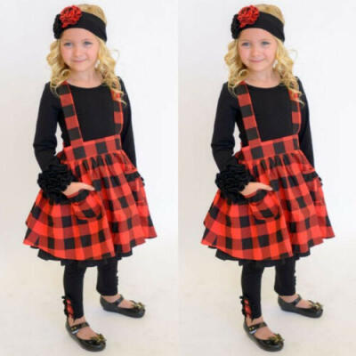 

Toddler Kid Baby Girl Plaid Clothes T-shirt Top Suspender Dress Pants Outfits