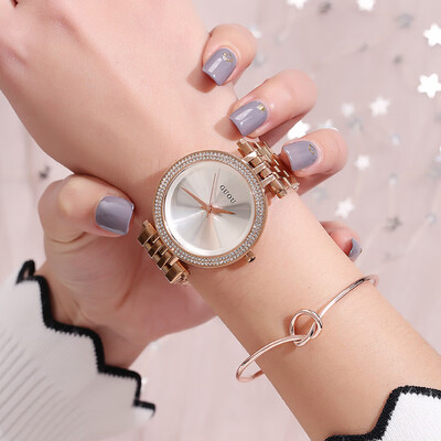 

Compact dial round personality rhinestone scale steel band female quartz watch