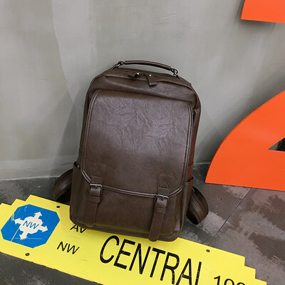 

Backpack mens backpack retro academic style double belt carrying black rain pu leather student bag tide backpack