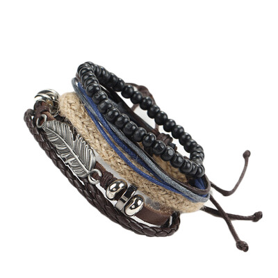 

New Fashion Beads Handmade Woven Wrap Leather Bracelets Believe Feathers Anchor Bracelets Vintage Male Jewelry Accessories