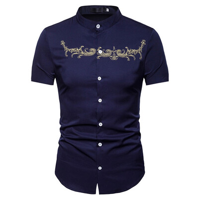 

Tailored Men Hipster Casual Slim Fit Short Sleeve Button Down Shirts Tops with Embroidery