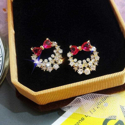 

Fashion Women Hollow Bowknot Faux Ruby Rhinestone Ear Stud Earrings Jewelry