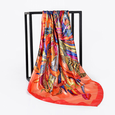 

90cm90cm new scarf oil painting color matching printing feather crown ladies silk scarf large square scarf FJ138