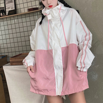 

Women Zipper Basic Jackets Pockets Casual Long Sleeves Coats Oversize Female Autumn Hooded Jacket Two Tone Windbreaker Jacket