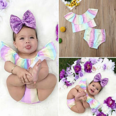 

US Infant Baby Girl Kid Rainbow Top Ruffle Pants Brief Outfit Summer Clothes Set