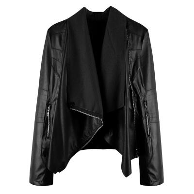 

Women Slant Zipper Faux Leather Street Motorcycle Jacket Polo Collar Tops