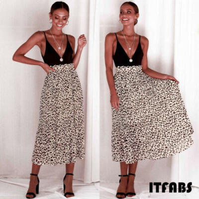 

New Women Summer Long Skirt Print High Waist Pleated Beach Boho Maxi Dress CA