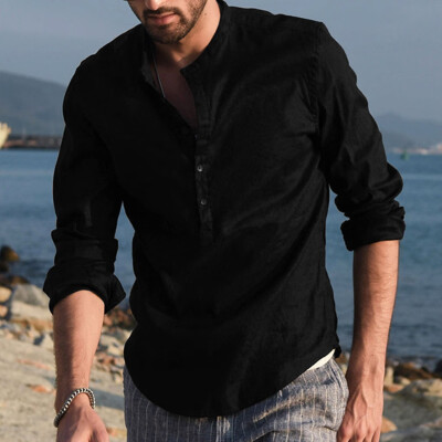 

Toponeto Mens Baggy Cotton Linen Solid Long Sleeve Button Retro T Shirts Tops Blouse