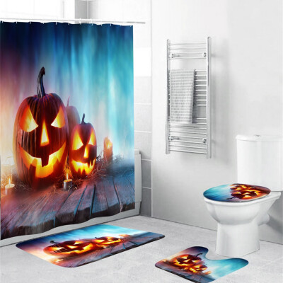 

〖Follure〗Halloween festival 4PCS Non Slip Toilet Polyester Cover Mat Set Bathroom Curtain