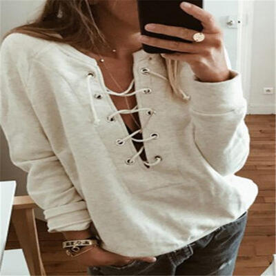 

Autumn Women Cross Strap V-Neck Sweatshirt Daily Long Sleeve Pullover Tops