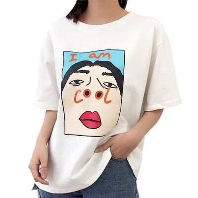 

Womens Round Neck Cartoon Character Print Short Sleeve Loose T-Shirt