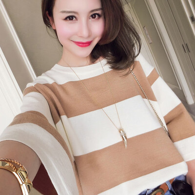 

Autumn Knitted Women T-shirt Round Neck Loose Knitted Striped Top Three Quarter Sleeve Thicken T-shirt
