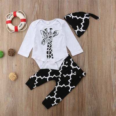 

3Pcs Newborn Baby Boy Romper Tops Long Pants Hat Outfits Clothes 0-18M