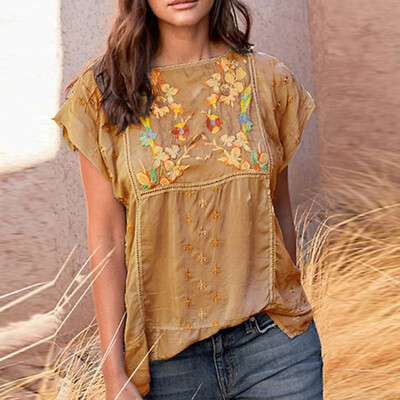 

Starmoon Women Vintage Embroidery Summer Print T-Shirt O-Neck Short Sleeve Top Blouse
