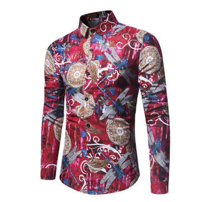 

Stylish Print Long Sleeve Shirt Fashion Casual Turn-Down Slim Fit Shirt For Men