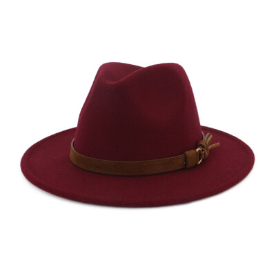 

10 Colors Unisex Women Men Felt Wide Brim Fedoras Trilby Caps With Leather Belt Buckle Band Panama Hats