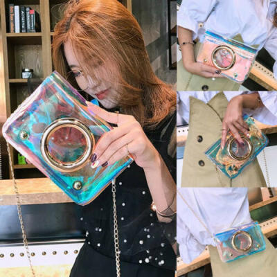 

Womens Holographic PVC Chain Jelly Bag Transparent Small Tote Pellucid Handbag