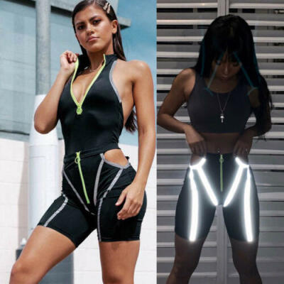 

Fashion Women Reflective Pants Summer Casual Sport Hollowout Stripe Tight Shorts