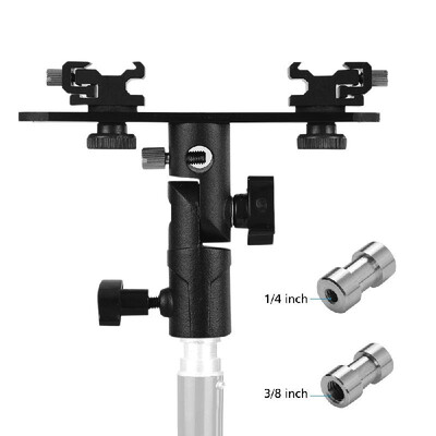 

T-shaped Dual Flash Bracket Flash Speedlite Stand with 2 Cold Shoe Mounts 14 Inch to 38 Inch Mount Umbrella Hole for Canon Nikon