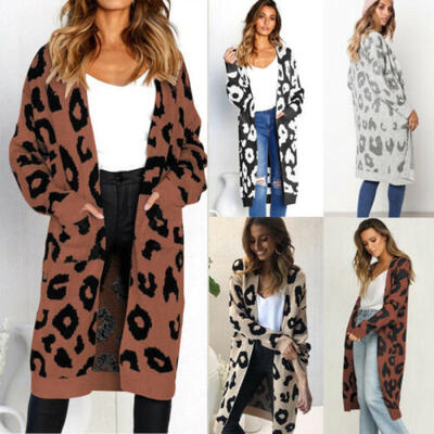 

Womens Leopard Print Cardigan Coat Tops Ladies Knitted Sweater Jumper Long Coat