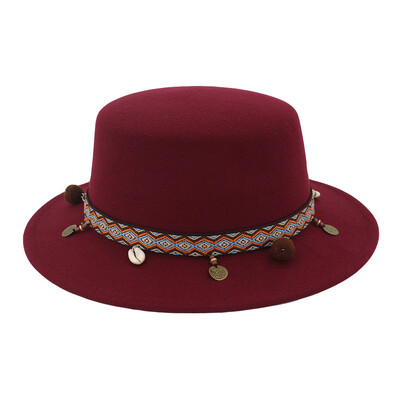 

Tailored Women Wide Brim Wool Belt Felt Flat Top Fedora Hat Party Church Trilby Hats Cap