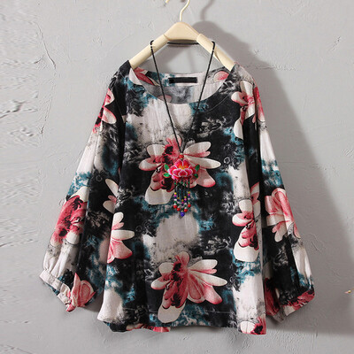

Women O Neck T-Shirt Ladies Retro Floral Summer Beach Loose Tunic Blouse Tops