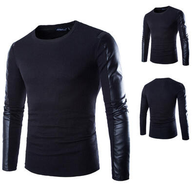 

Autumn PU Leather Stitching Long Sleeve Round Neck Mens T-Shirt Casual Male Tee Top T-Shirt